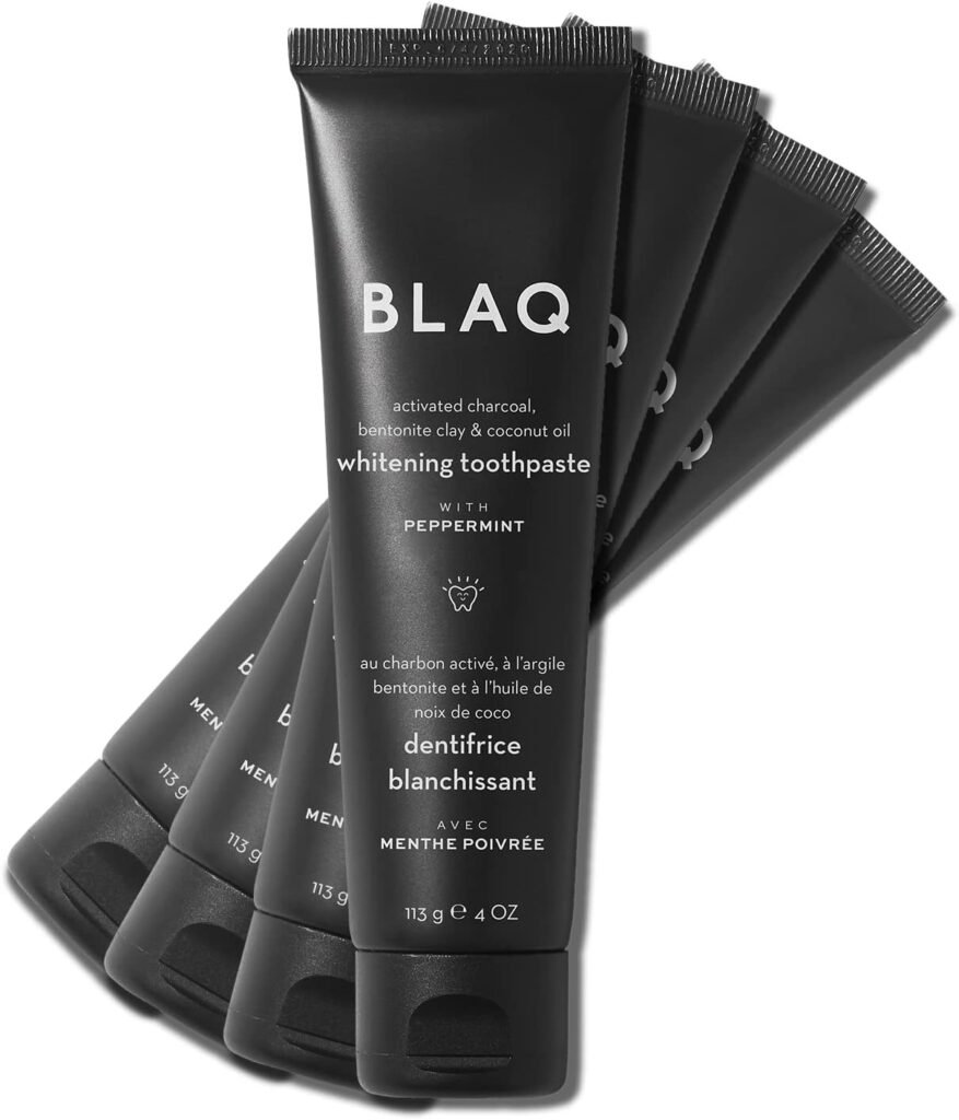 BLAQ Activated Charcoal Teeth Whitening Toothpaste | Vegan Organic SLS Free Toothpaste with Coconut Oil and Bentonite Clay | Charcoal Toothpaste for Whitening Teeth, Removing Stains - 4 x 4 OZ/113g