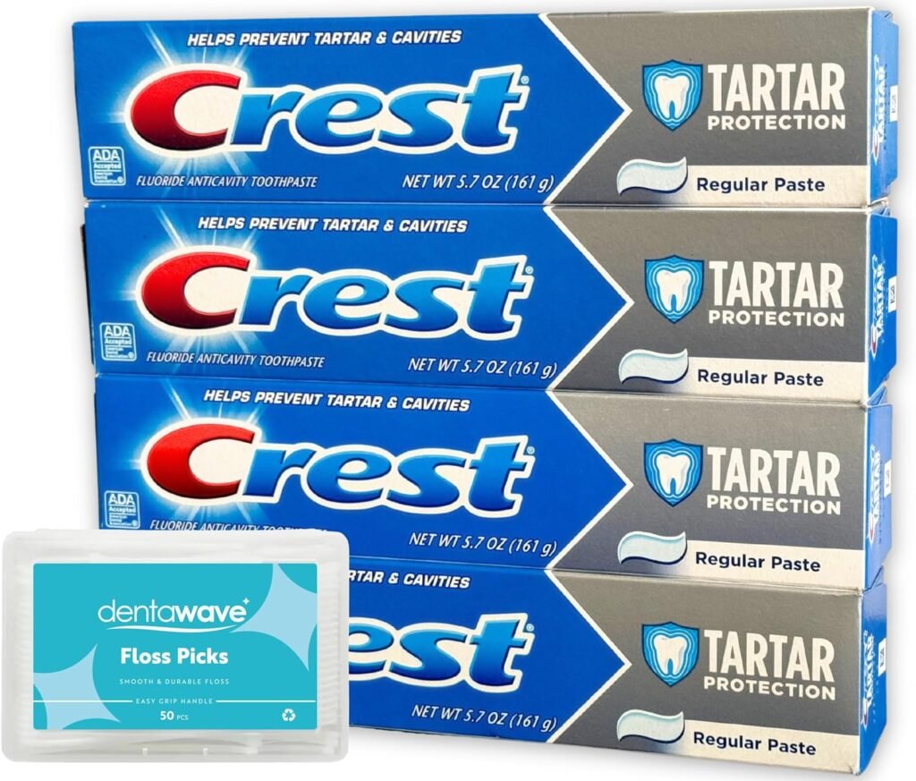 Crest Tartar Protection Toothpaste, Regular Paste 5.7oz (4 Pack) Helps Control Tartar and Prevent Cavities Bundle with dentawave Floss Picks 50ct